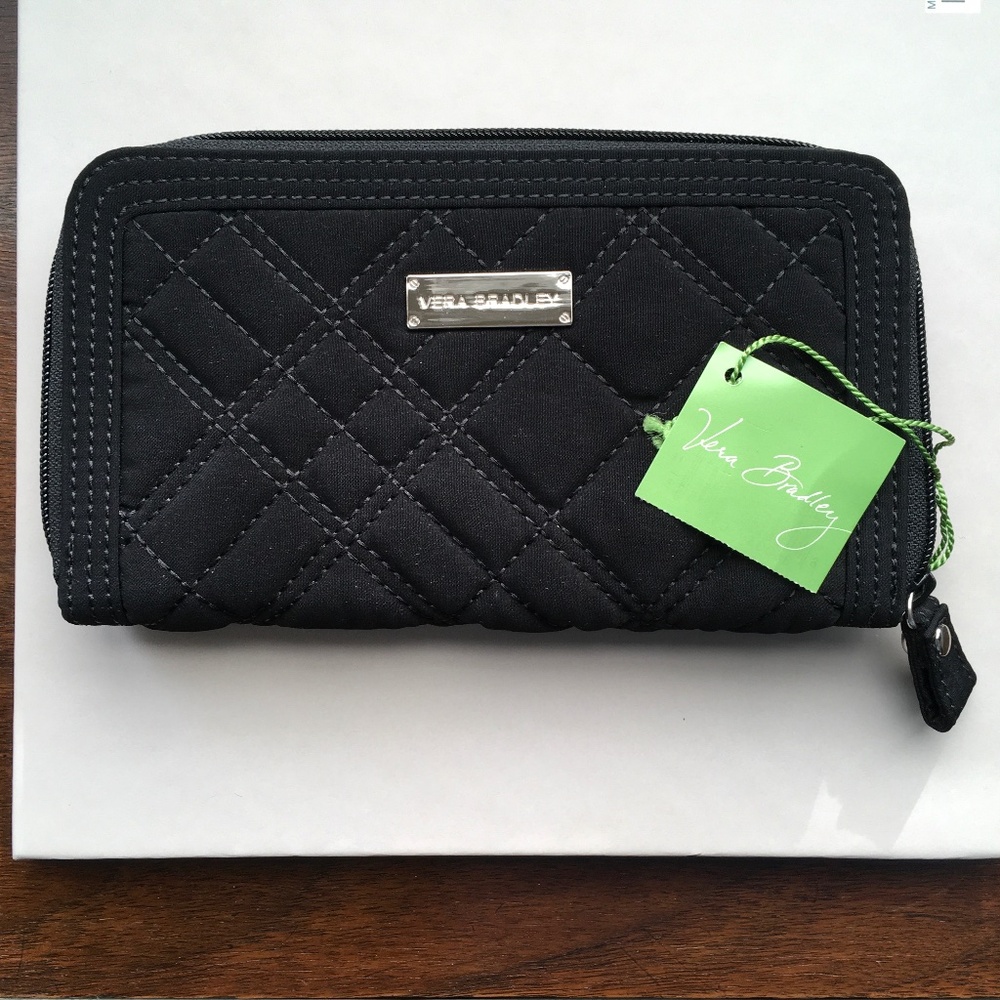Vera Bradley Black Quilted Zip-Around Wallet with Green Tag